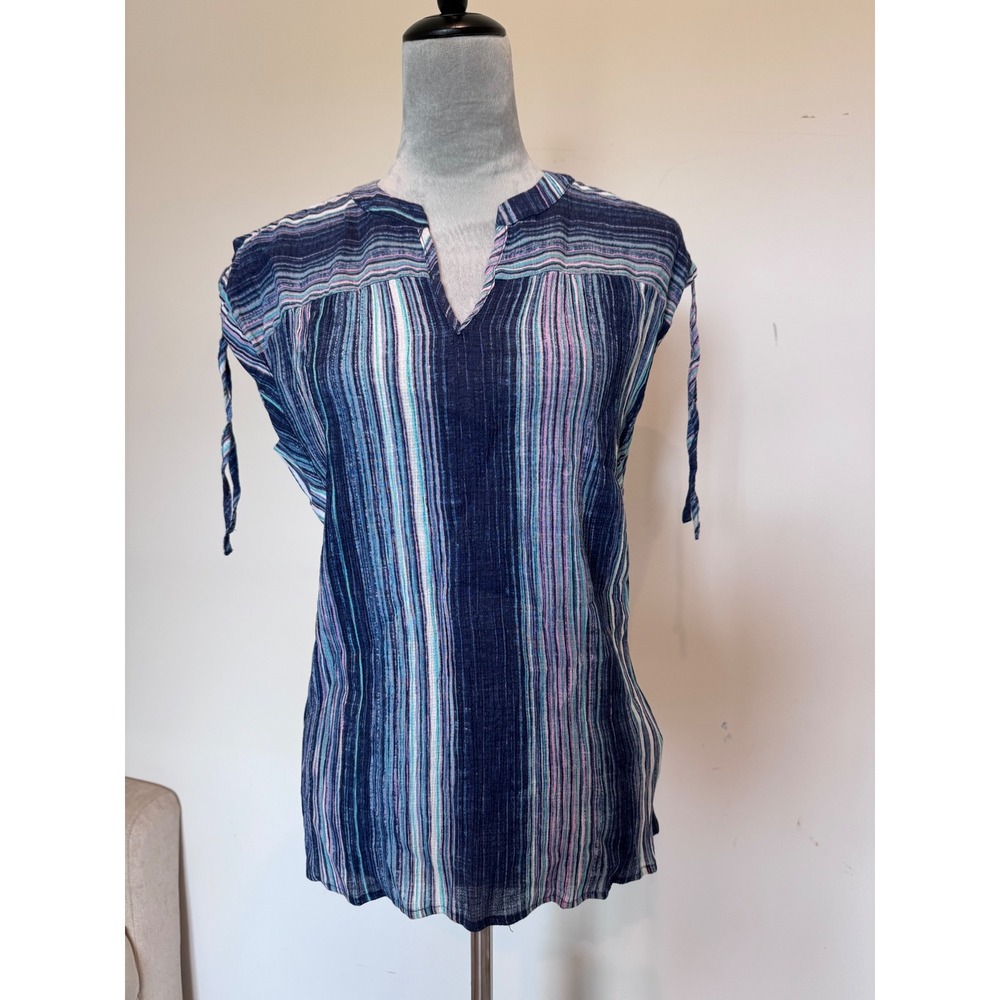 Zac & Rachel Womens Navy Blue Striped Sleeveless Split V-Neck Blouse Size M